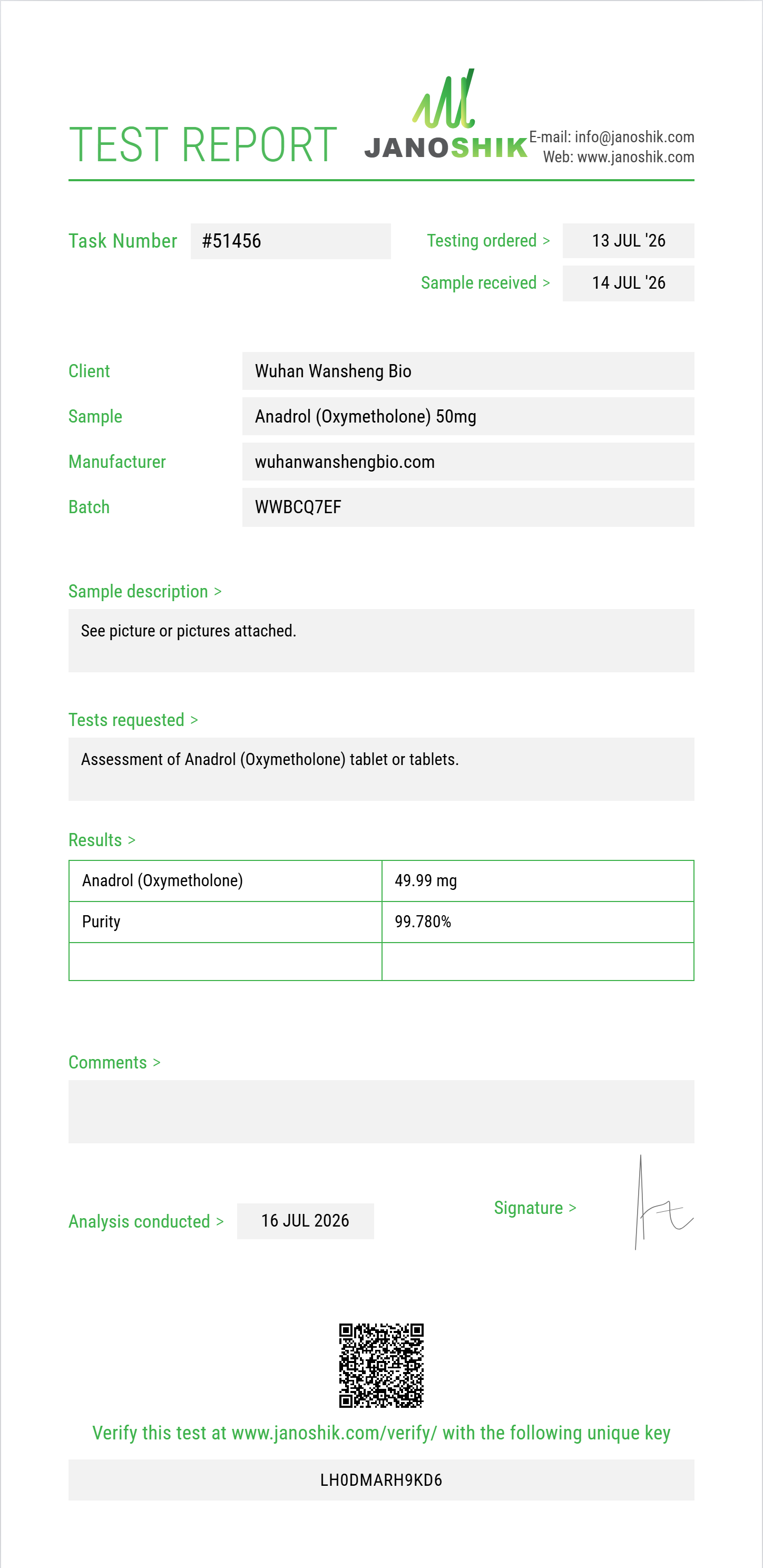 Anadrol (Oxymetholone) Purity (HPLC) report by Janoshik Analytical