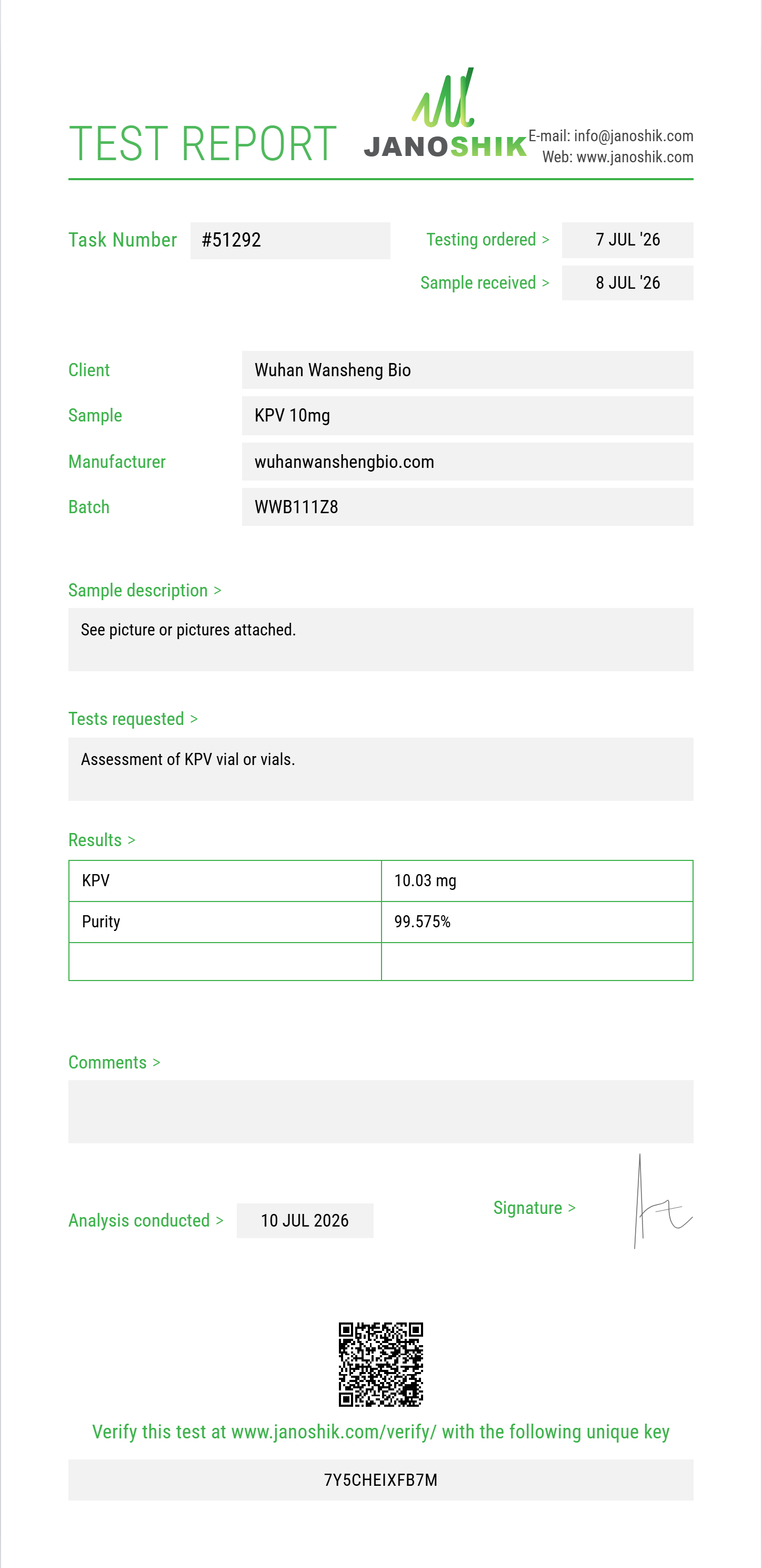 KPV Purity (HPLC) report by Janoshik Analytical