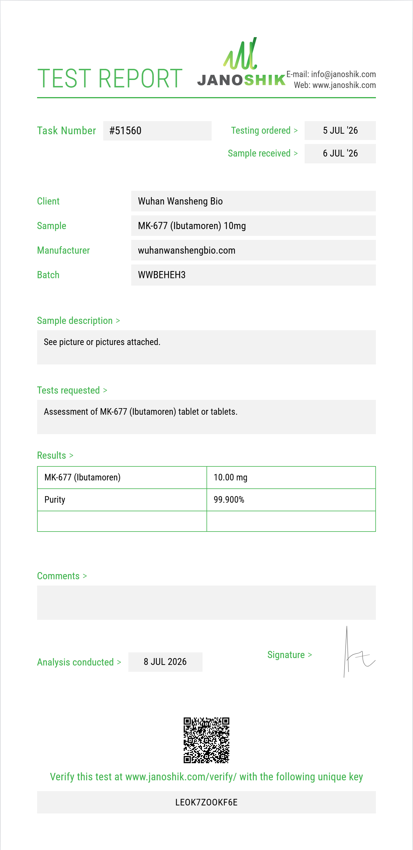 MK-677 (Ibutamoren) Purity (HPLC) report by Janoshik Analytical