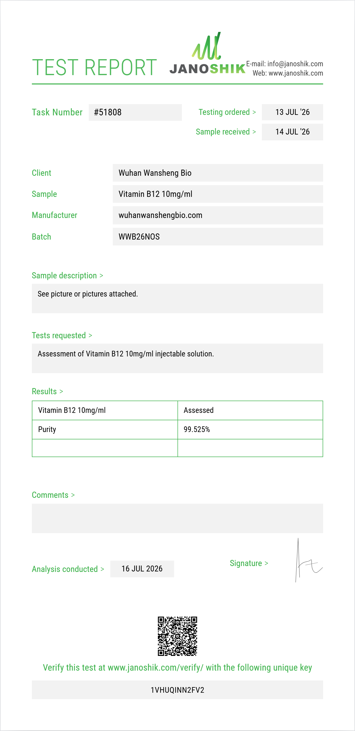 Vitamin B12 10mg/ml Purity (HPLC) report by Janoshik Analytical