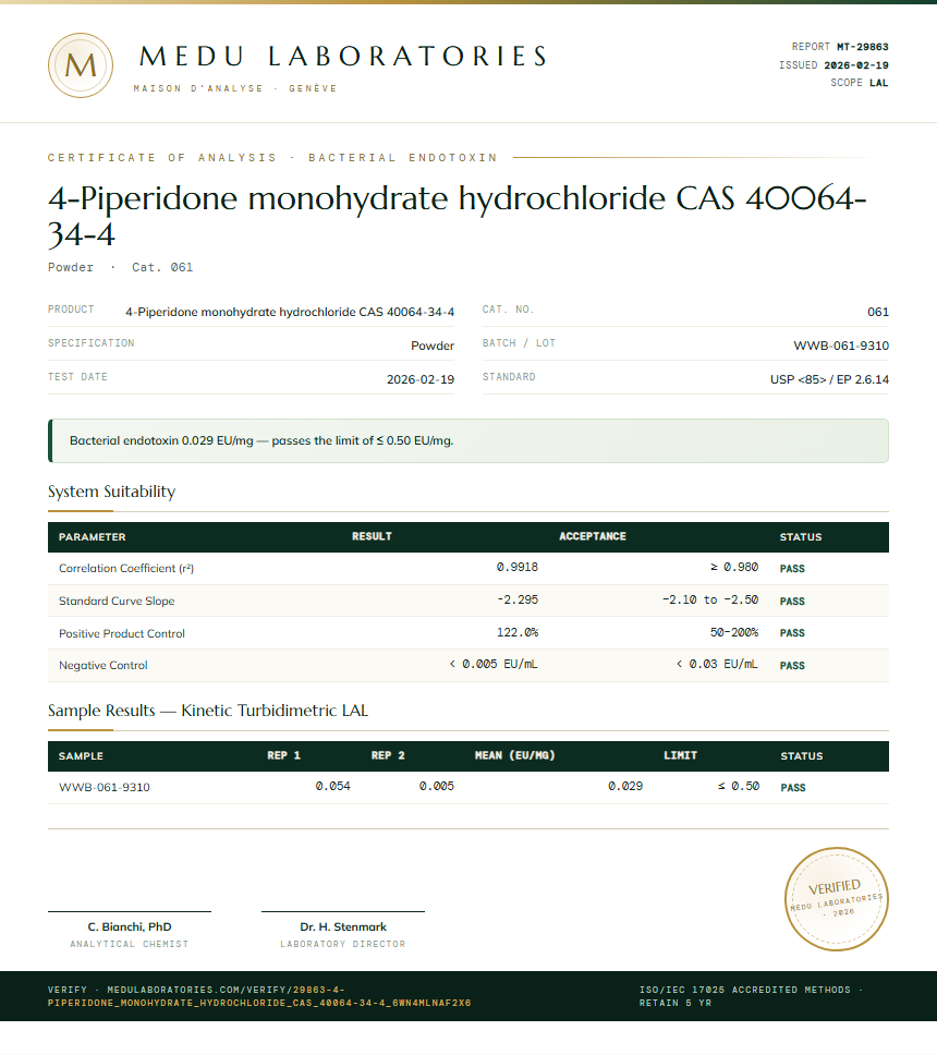 4-Piperidone monohydrate hydrochloride CAS 40064-34-4 Endotoxin report by Medu Laboratories