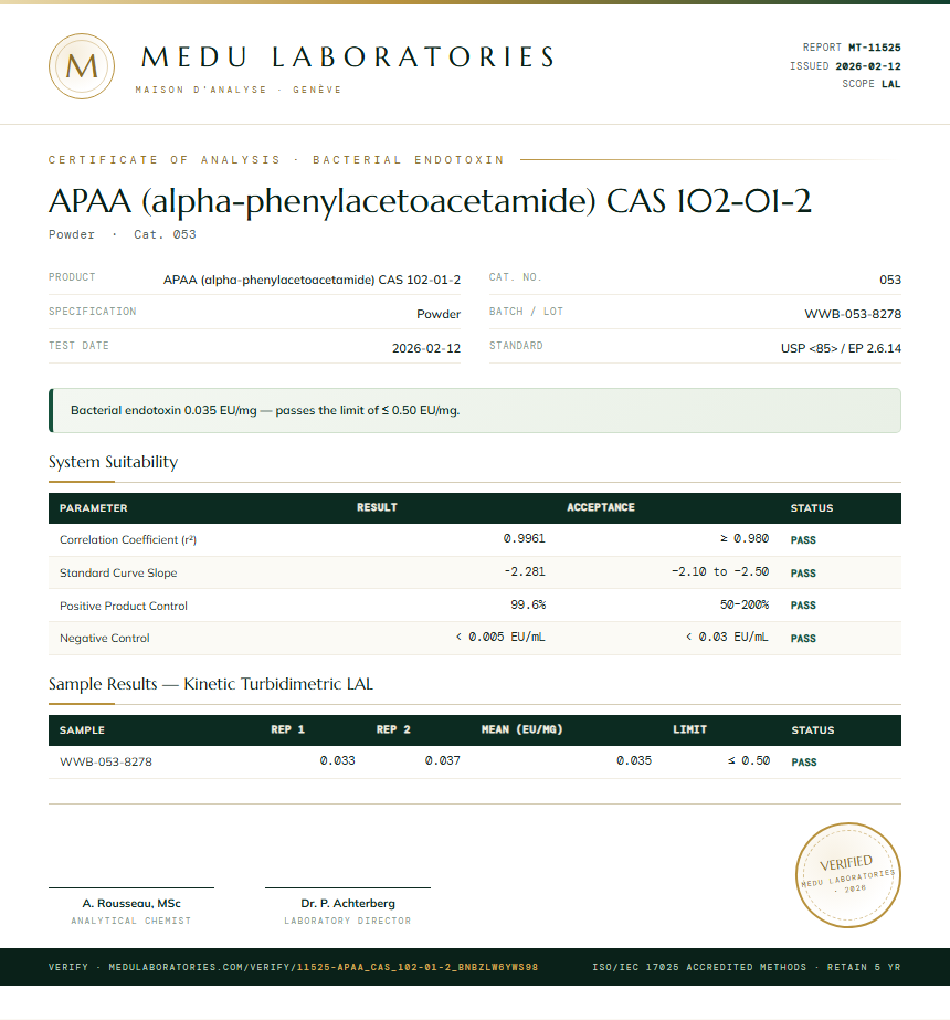 APAA (alpha-phenylacetoacetamide) CAS 102-01-2 Endotoxin report by Medu Laboratories