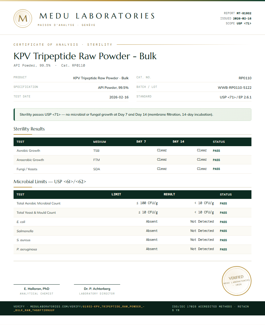 KPV Tripeptide Raw Powder - Bulk Sterility report by Medu Laboratories