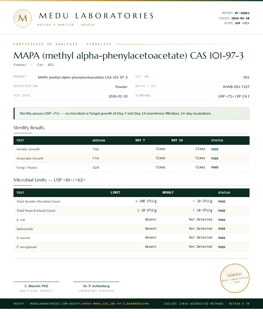 MAPA (methyl alpha-phenylacetoacetate) CAS 101-97-3 Sterility report by Medu Laboratories