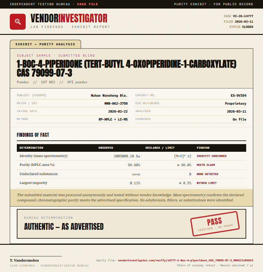 1-Boc-4-piperidone (tert-butyl 4-oxopiperidine-1-carboxylate) CAS 79099-07-3 Purity (HPLC) report by VendorInvestigator