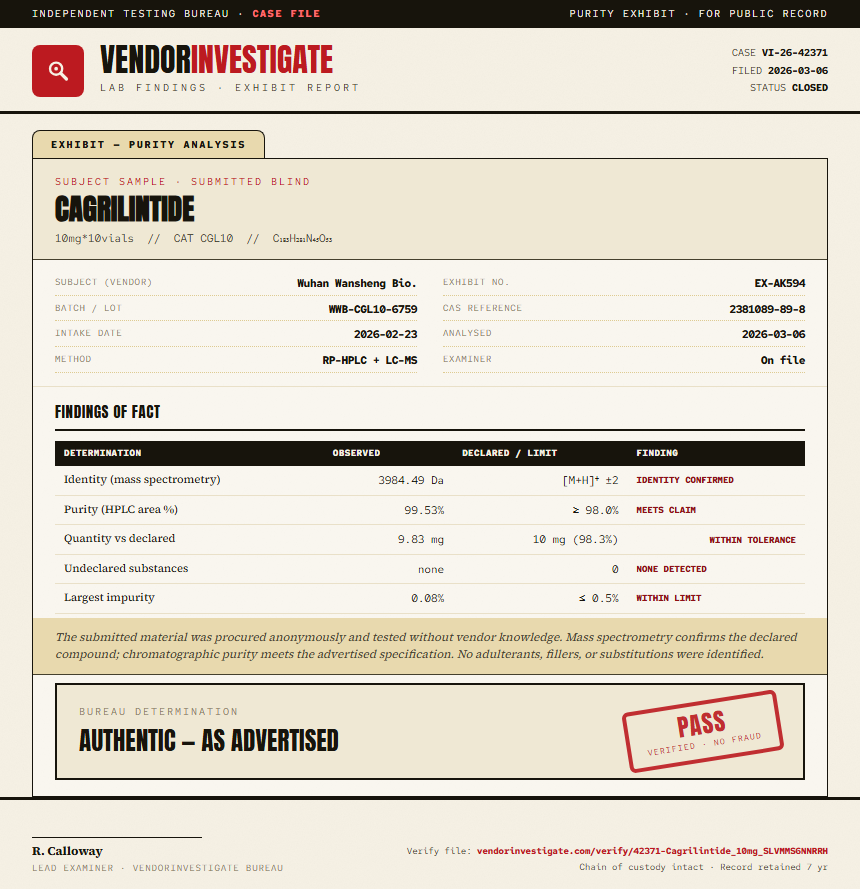 Cagrilintide 5mg + Semaglutide 5mg Blend Purity (HPLC) report by VendorInvestigate