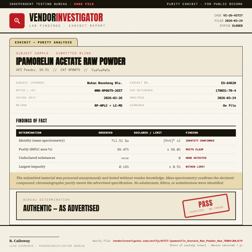Ipamorelin Acetate Raw Powder Purity (HPLC) report by VendorInvestigator