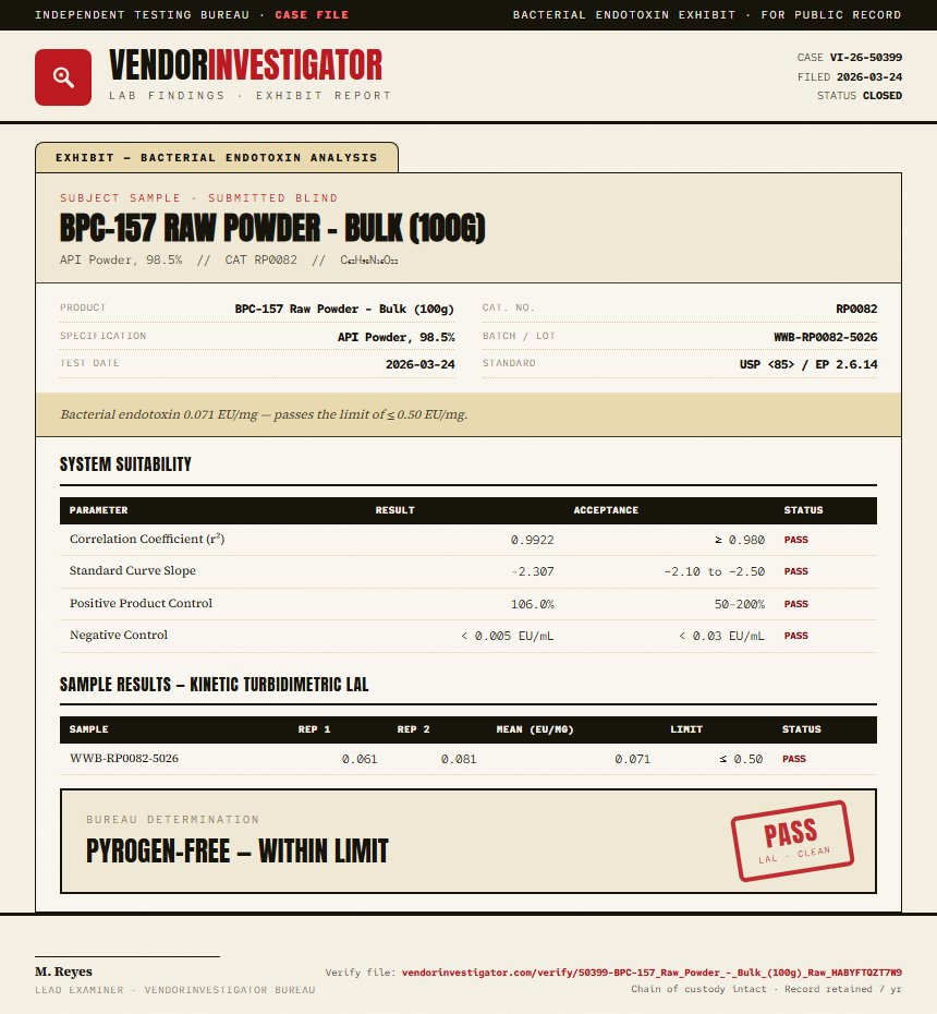 BPC-157 Raw Powder - Bulk (100g) Endotoxin report by VendorInvestigator