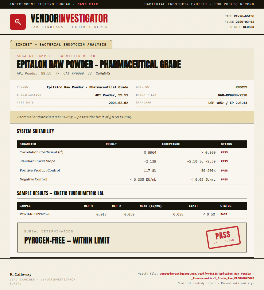 Epitalon Raw Powder - Pharmaceutical Grade Endotoxin report by VendorInvestigator