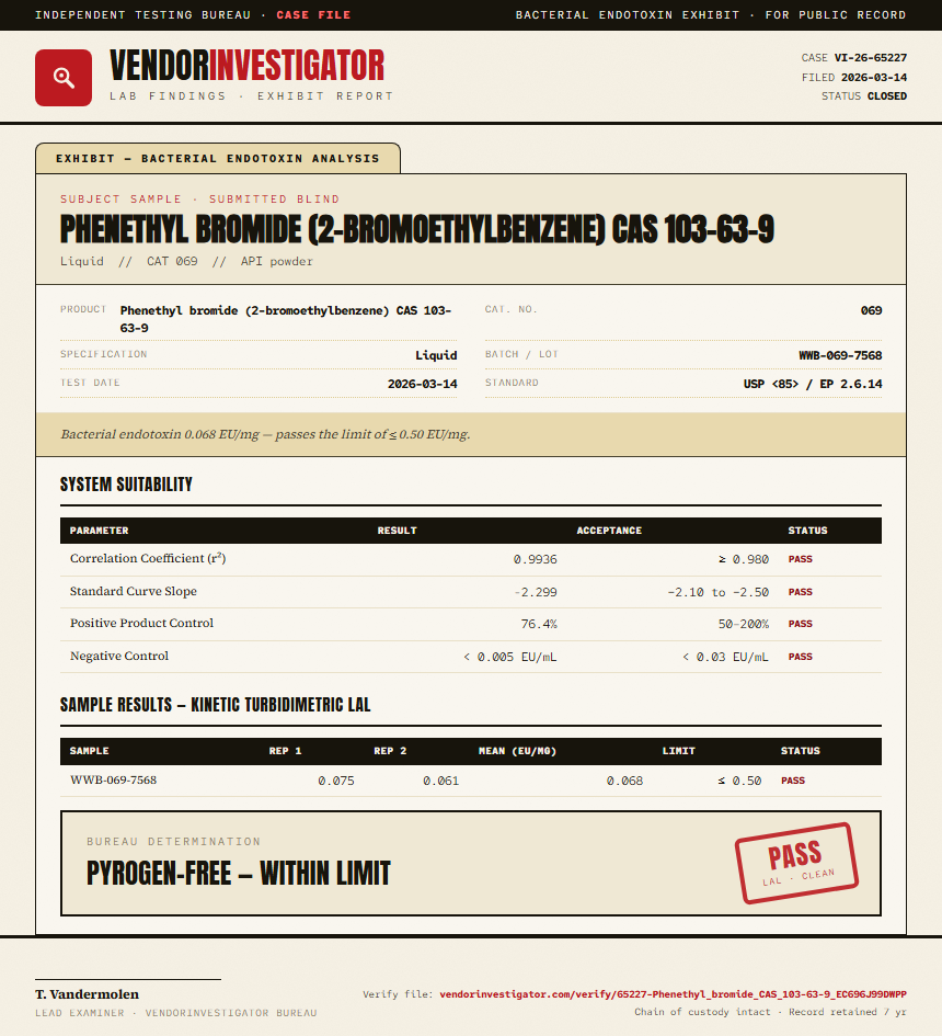Phenethyl bromide (2-bromoethylbenzene) CAS 103-63-9 Endotoxin report by VendorInvestigator